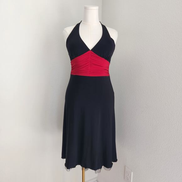 Y2K Byer Black Red Halter Ruched Waist A-Line Midi Dress V Neck Vampirecore L - Picture 10 of 10